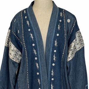 VTG Molato Embroidered Studded Denim Global Kimono Jacket Duster Elephant Medium